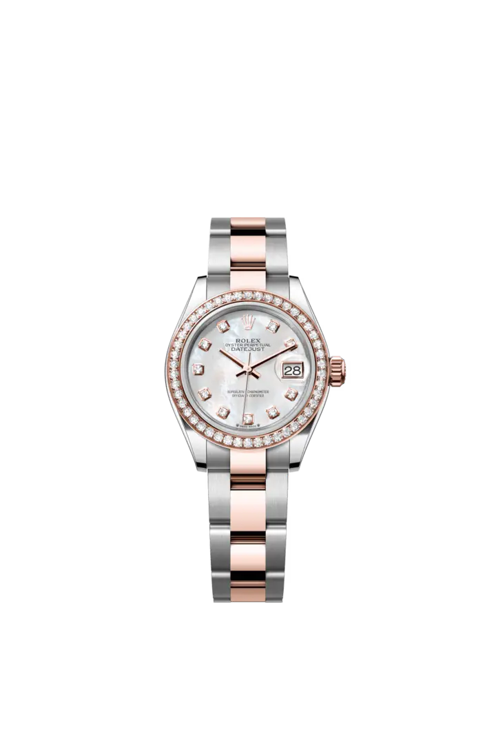 Rolex The Oyster Perpetual Lady-Datejust in Everose gold and Oystersteel features a diamond-set white mother-of-pearl dial