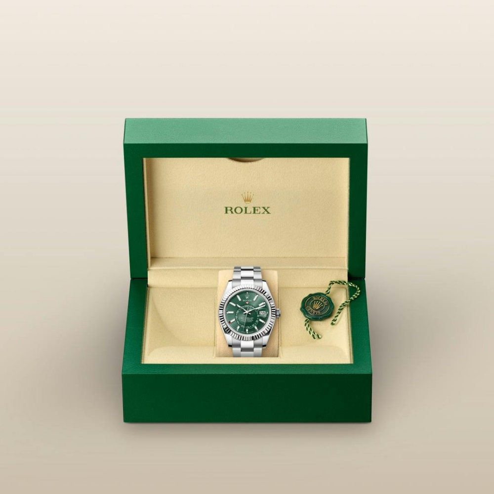 A- Rolex Sky-Dweller Stainless Steel, Green Index Dial, 42 mm