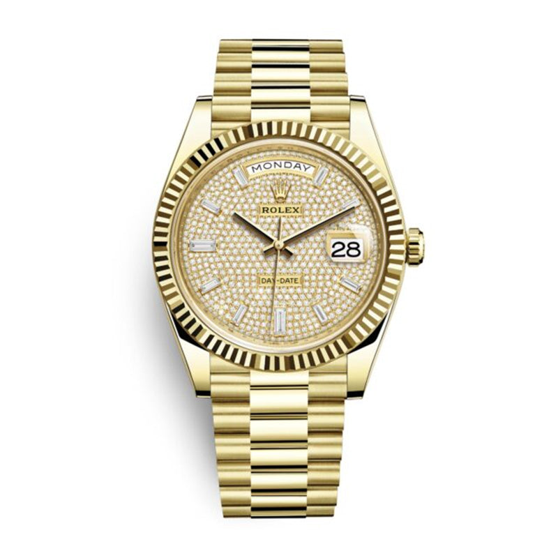 Day-Date Yellow Gold Pavé Dial Fluted Bezel