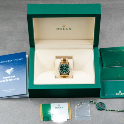 Yellow Gold Day-Date Fluted Bezel Green Index Dial President Bracelet