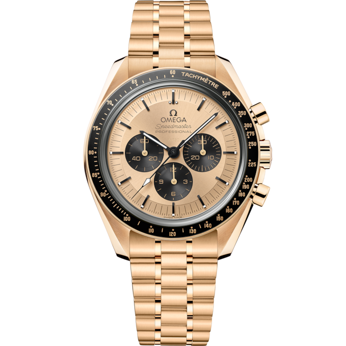 A- Speedmaster Moonwatch Professional 42 mm, Moonshine™ gold on Moonshine™ gold