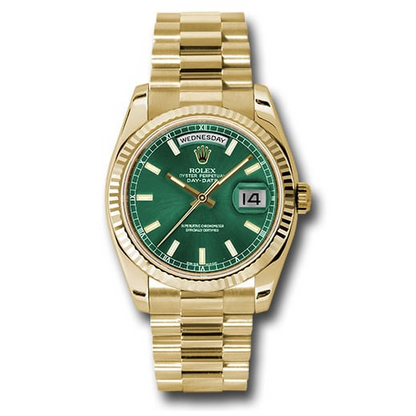 Rolex Yellow Gold Day-Date Fluted Bezel Green Index Dial President Bracelet