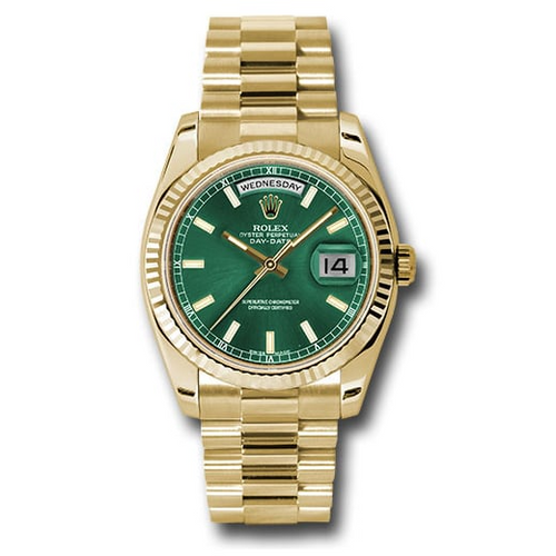 Rolex Yellow Gold Day-Date Fluted Bezel Green Index Dial President Bracelet