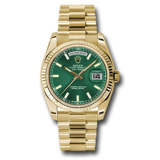 Rolex Yellow Gold Day-Date Fluted Bezel Green Index Dial President Bracelet