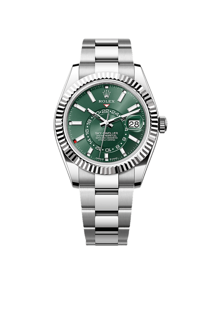 A- Rolex Sky-Dweller Stainless Steel, Green Index Dial, 42 mm
