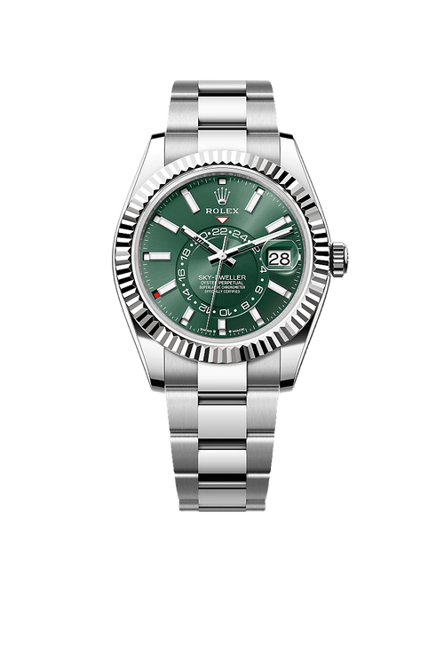 A- Rolex Sky-Dweller Stainless Steel, Green Index Dial, 42 mm