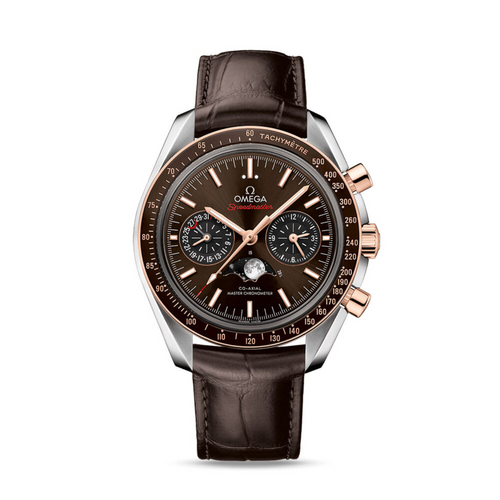 Speedmaster Moonphase 44.25 mm, steel ‑ Sedna™ gold on leather strap