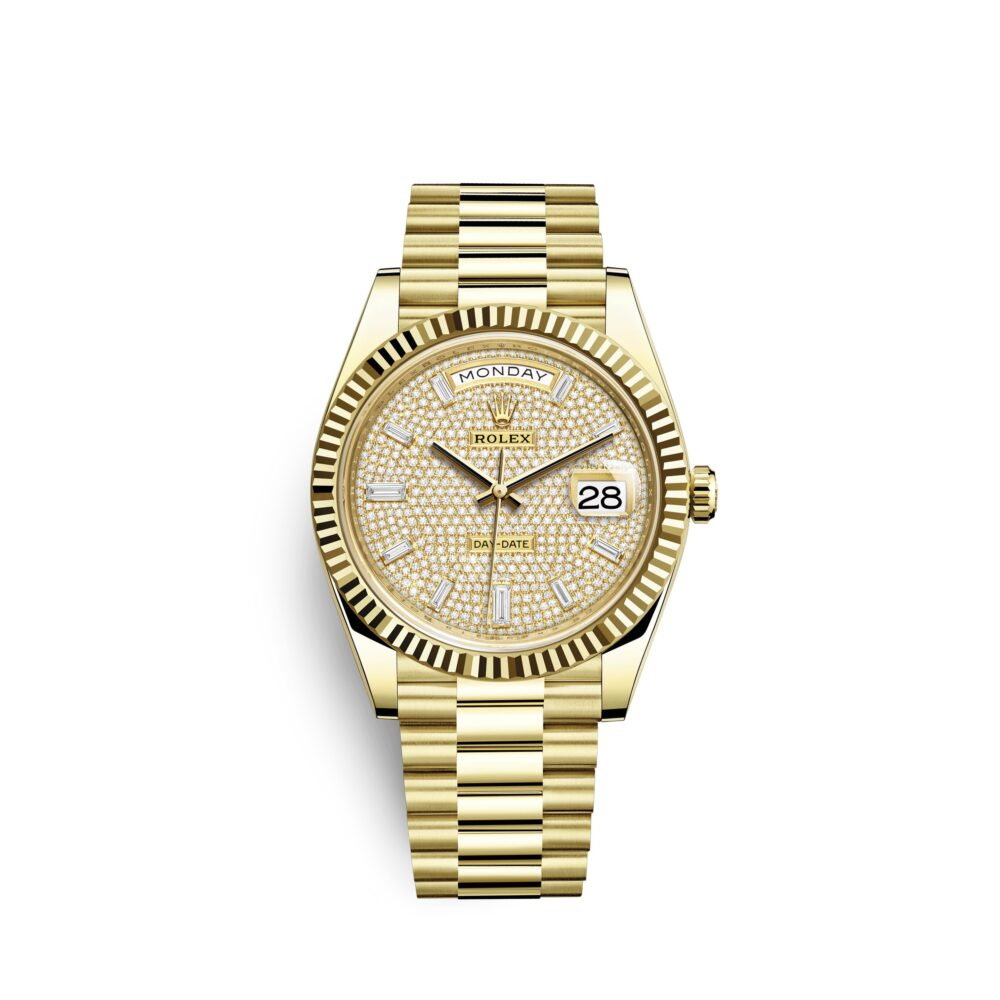 Rolex Day-Date Yellow Gold Pavé Dial Fluted Bezel