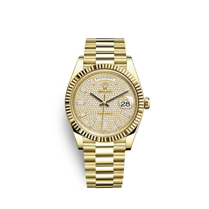 Rolex Day-Date Yellow Gold Pavé Dial Fluted Bezel
