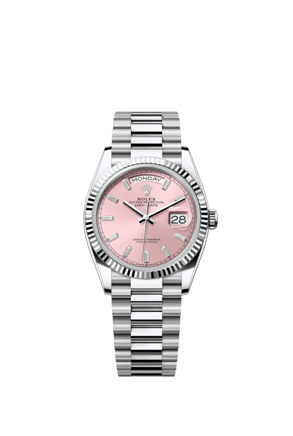 Rolex Day-Date 40 Pink Dial Fluted Bezel in Platinum
