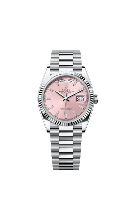 Rolex Day-Date 40 Pink Dial Fluted Bezel in Platinum