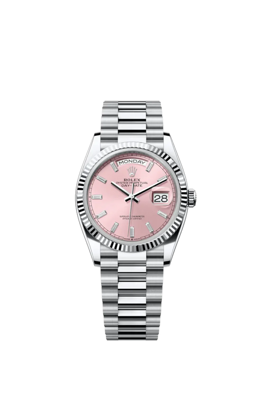 Rolex Day-Date 40 Pink Dial Fluted Bezel in Platinum