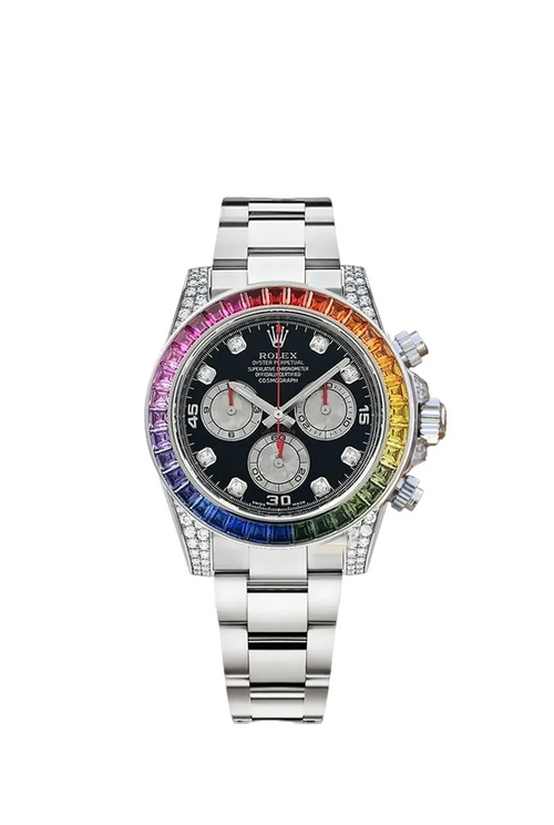 Rolex Cosmograph Daytona Rainbow White Gold Black Dial with Diamond Bezel