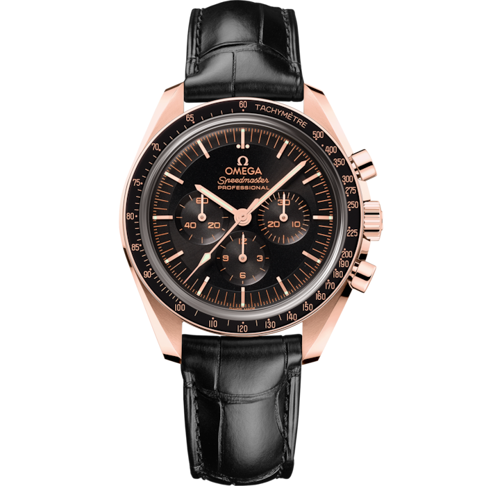 Speedmaster Moonwatch Professional 42 mm, Sedna™ gold on leather strap