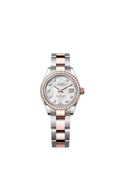 Rolex The Oyster Perpetual Lady-Datejust in Everose gold and Oystersteel features a diamond-set white mother-of-pearl dial