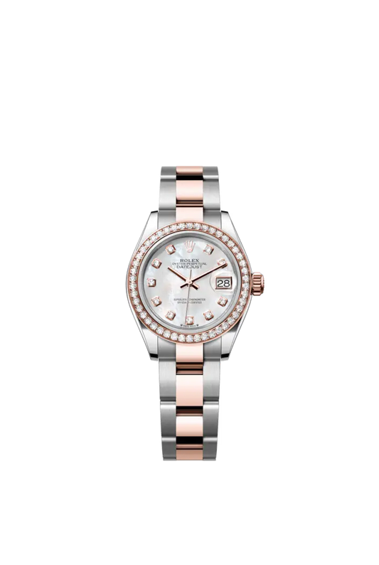 Rolex The Oyster Perpetual Lady-Datejust in Everose gold and Oystersteel features a diamond-set white mother-of-pearl dial