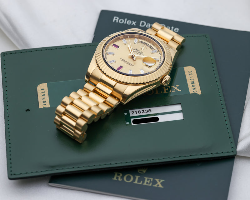 Rolex Day-Date II 218238 Full Set Factory Ruby Baguette Dial