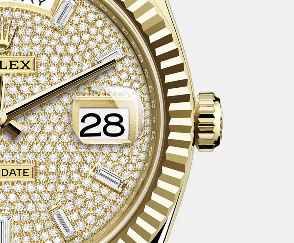Rolex Day-Date Yellow Gold Pavé Dial Fluted Bezel