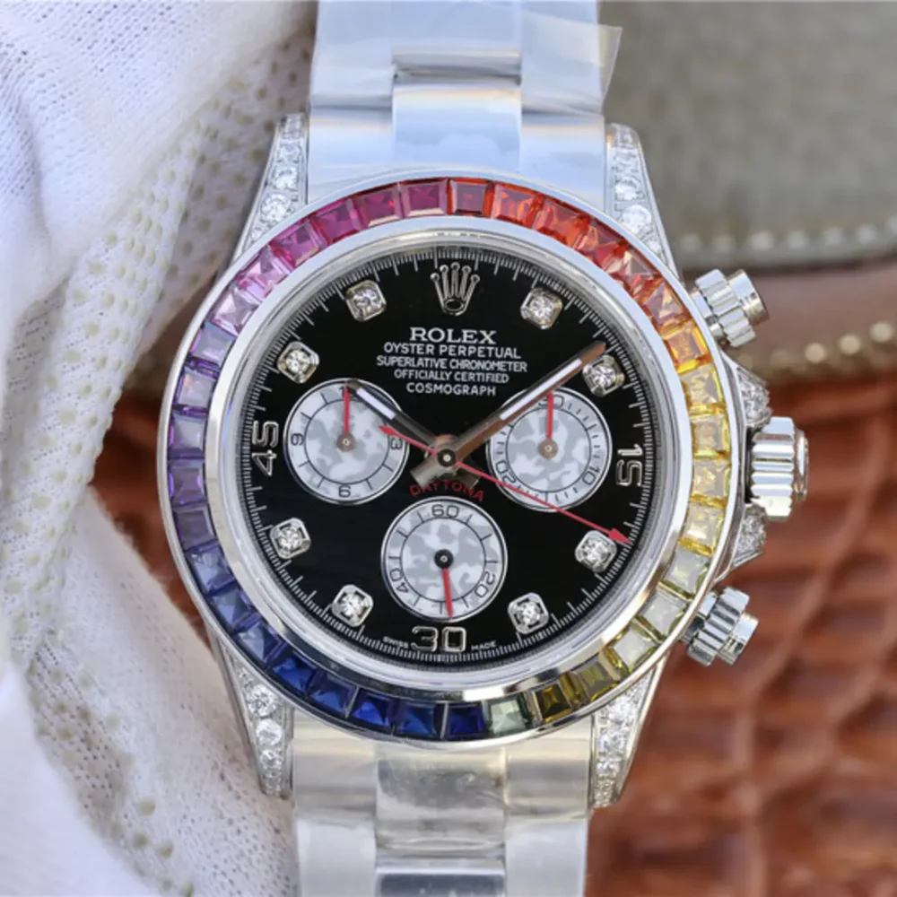 Rolex Cosmograph Daytona Rainbow White Gold Black Dial with Diamond Bezel
