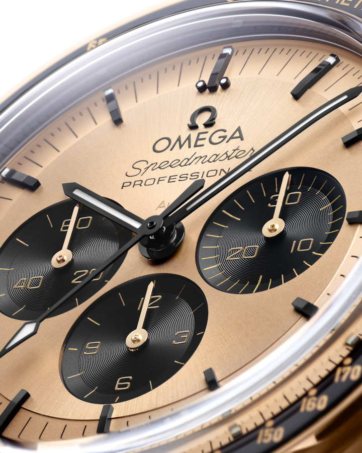 A- Speedmaster Moonwatch Professional 42 mm, Moonshine™ gold on Moonshine™ gold