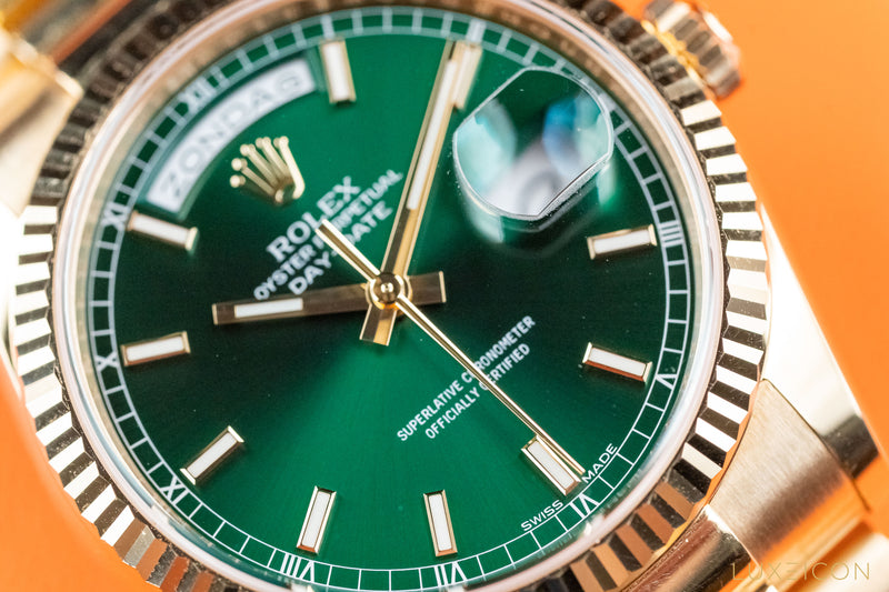 Rolex Yellow Gold Day-Date Fluted Bezel Green Index Dial President Bracelet