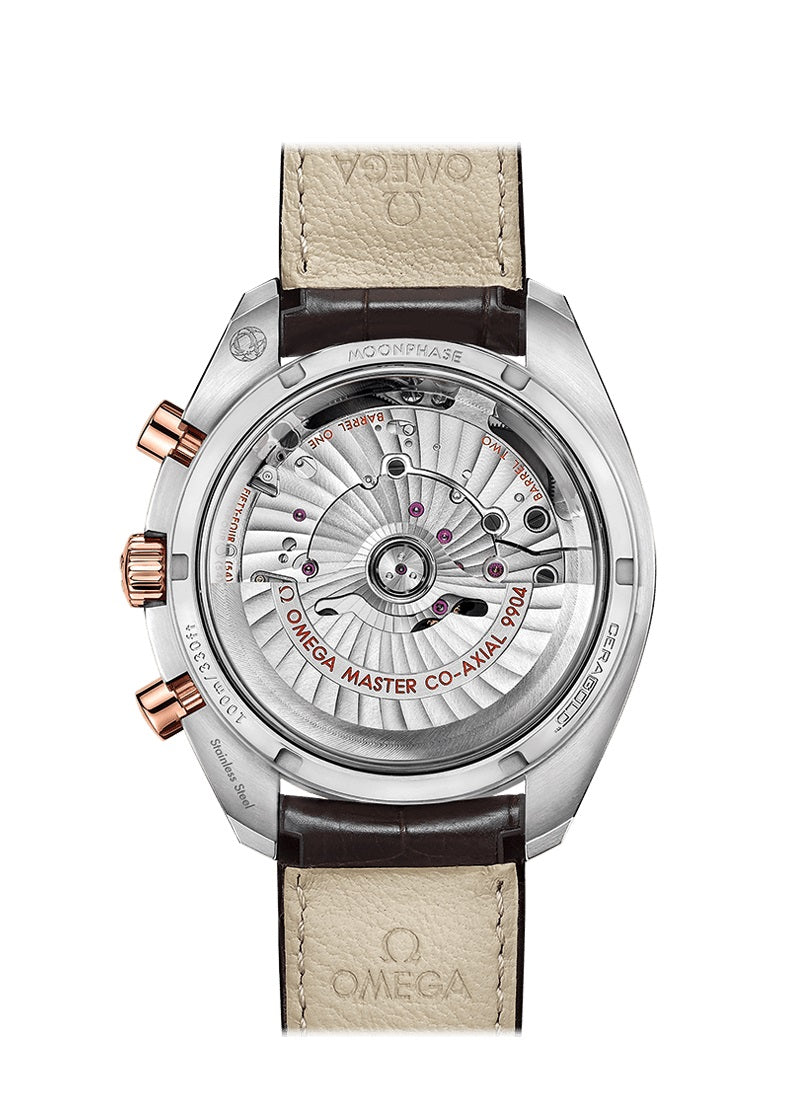Speedmaster Moonphase 44.25 mm, steel ‑ Sedna™ gold on leather strap