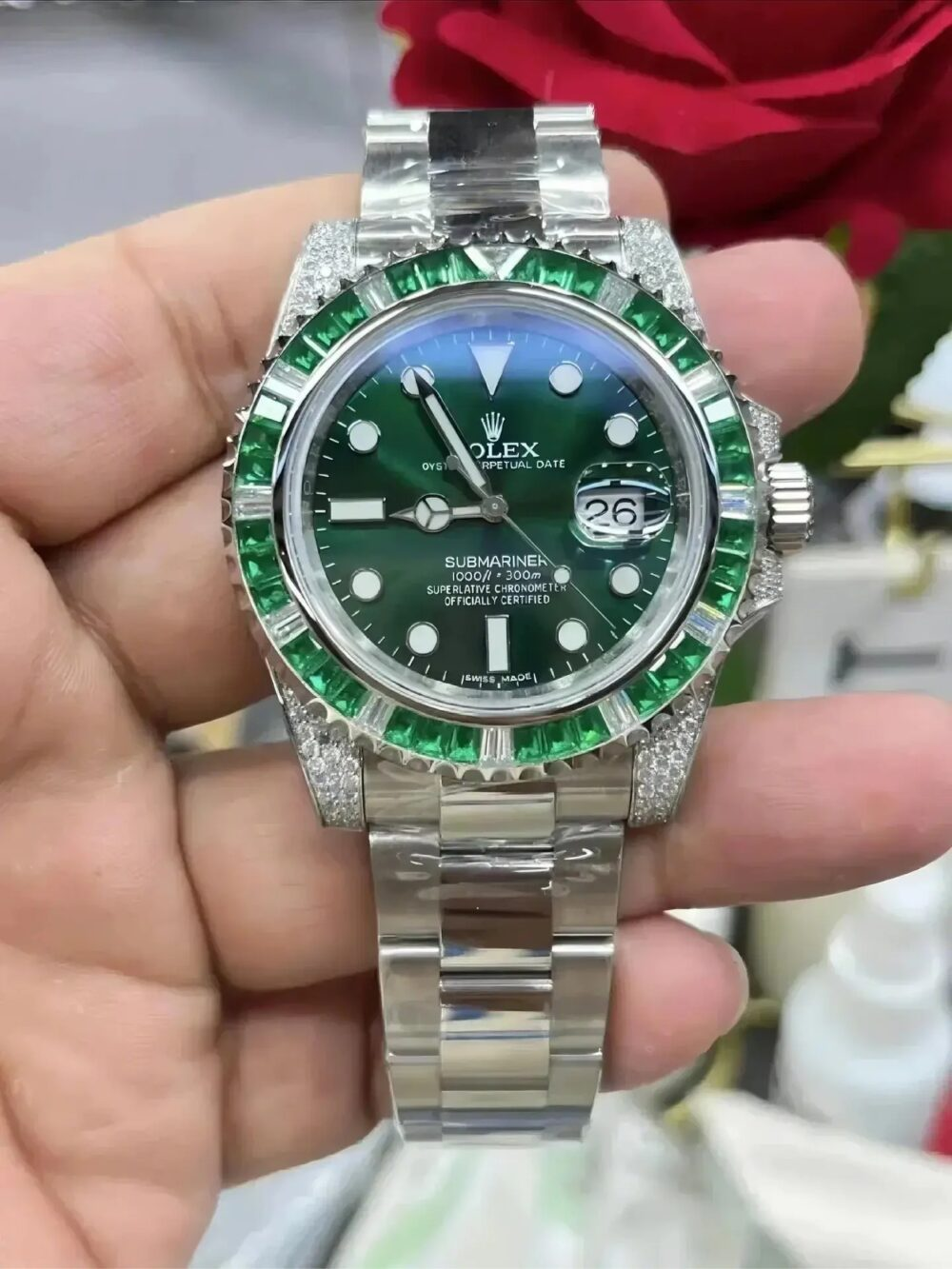 Rolex Submariner Date, 18K White Gold Diamonds Emerald