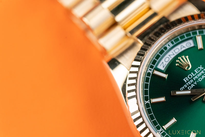 Rolex Yellow Gold Day-Date Fluted Bezel Green Index Dial President Bracelet