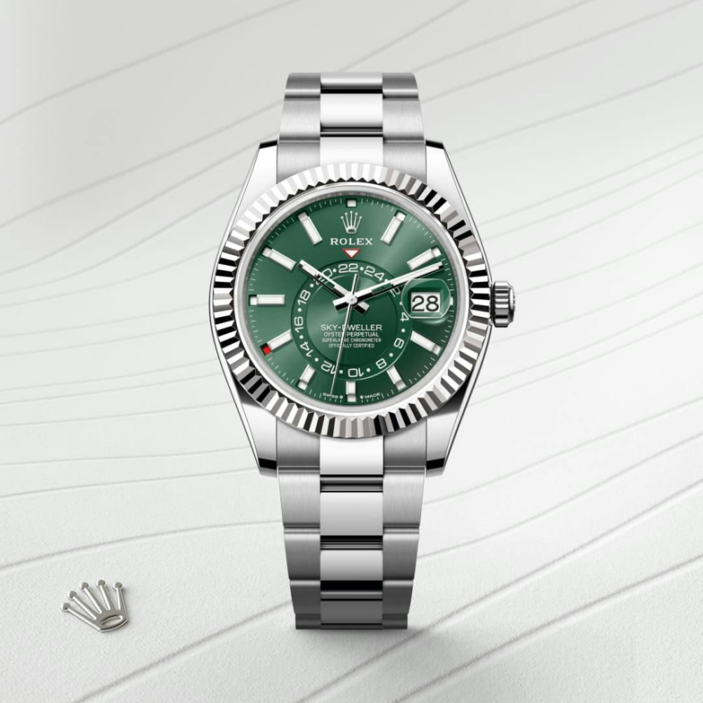 A- Rolex Sky-Dweller Stainless Steel, Green Index Dial, 42 mm