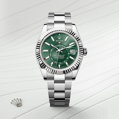 A- Rolex Sky-Dweller Stainless Steel, Green Index Dial, 42 mm