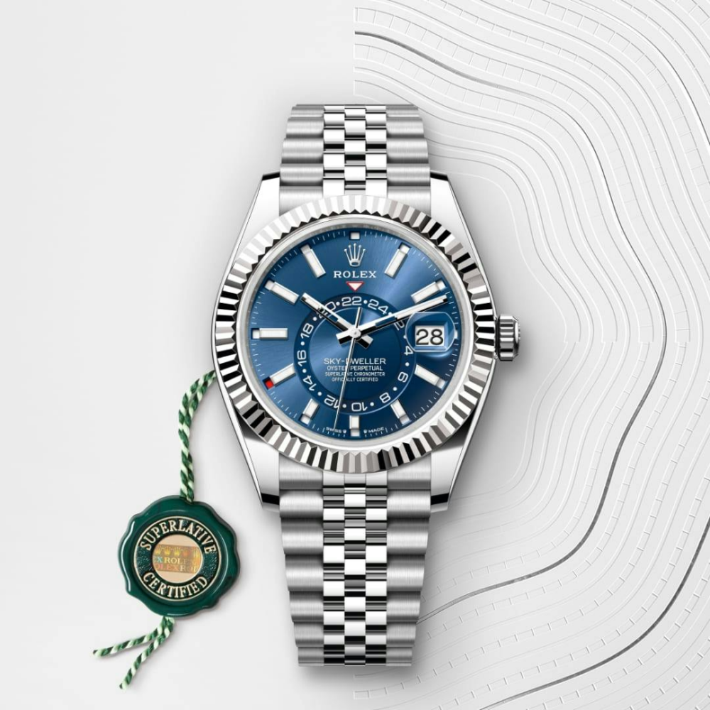 B- Rolex Sky-Dweller Stainless Steel, Blue Index Dial, 42 mm