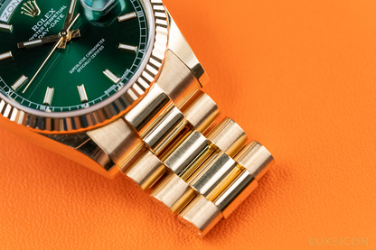 Rolex Yellow Gold Day-Date Fluted Bezel Green Index Dial President Bracelet