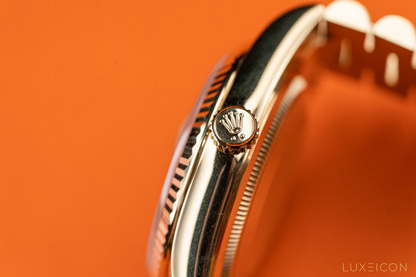 Rolex Yellow Gold Day-Date Fluted Bezel Green Index Dial President Bracelet