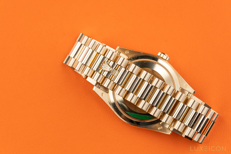 Rolex Yellow Gold Day-Date Fluted Bezel Green Index Dial President Bracelet