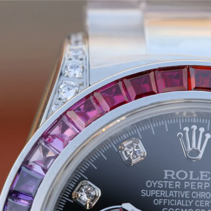 Rolex Cosmograph Daytona Rainbow White Gold Black Dial with Diamond Bezel