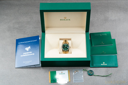 Rolex Yellow Gold Day-Date Fluted Bezel Green Index Dial President Bracelet