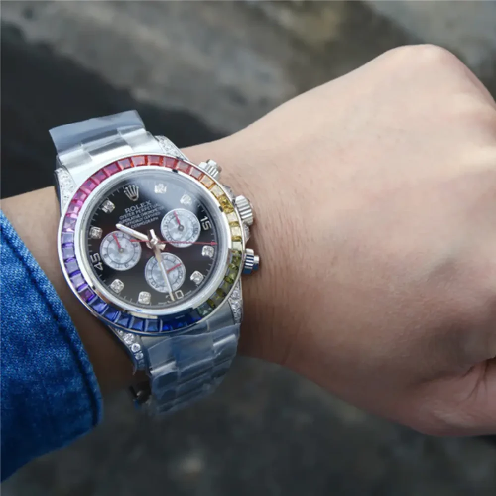 Rolex Cosmograph Daytona Rainbow White Gold Black Dial with Diamond Bezel
