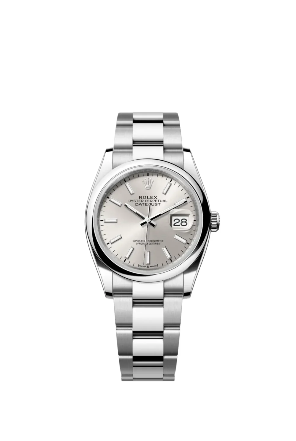 Rolex Oyster Perpetual Datejust 36 is available in Oyster steel with a silver dial and an Oyster bracelet