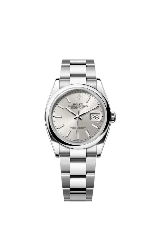 Rolex Oyster Perpetual Datejust 36 is available in Oyster steel with a silver dial and an Oyster bracelet