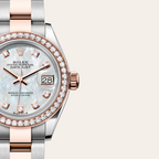 The Oyster Perpetual Lady-Datejust in Everose gold and Oystersteel features a diamond-set white mother-of-pearl dial