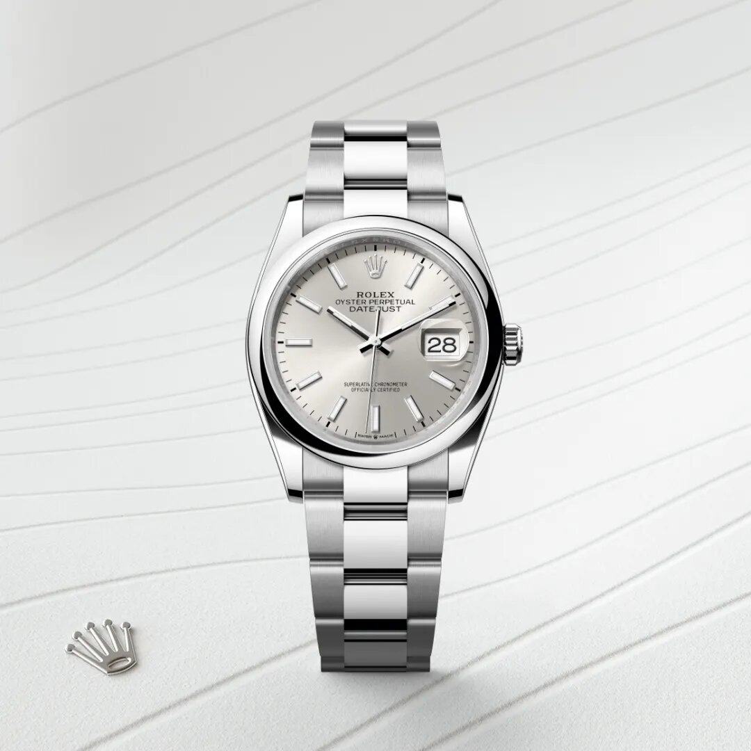 Oyster Perpetual Datejust 36 is available in Oyster steel with a silver dial and an Oyster bracelet