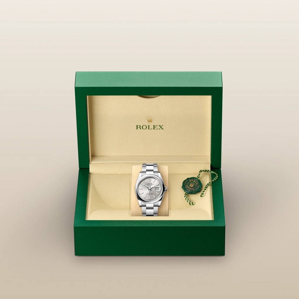 Oyster Perpetual Datejust 36 is available in Oyster steel with a silver dial and an Oyster bracelet