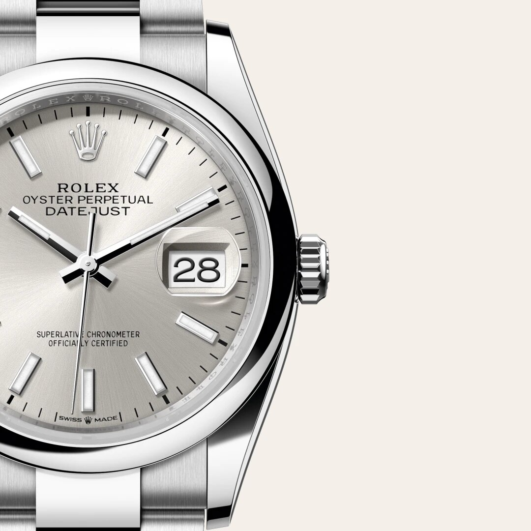 Oyster Perpetual Datejust 36 is available in Oyster steel with a silver dial and an Oyster bracelet