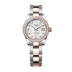 The Oyster Perpetual Lady-Datejust in Everose gold and Oystersteel features a diamond-set white mother-of-pearl dial