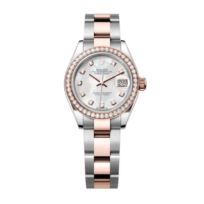 The Oyster Perpetual Lady-Datejust in Everose gold and Oystersteel features a diamond-set white mother-of-pearl dial