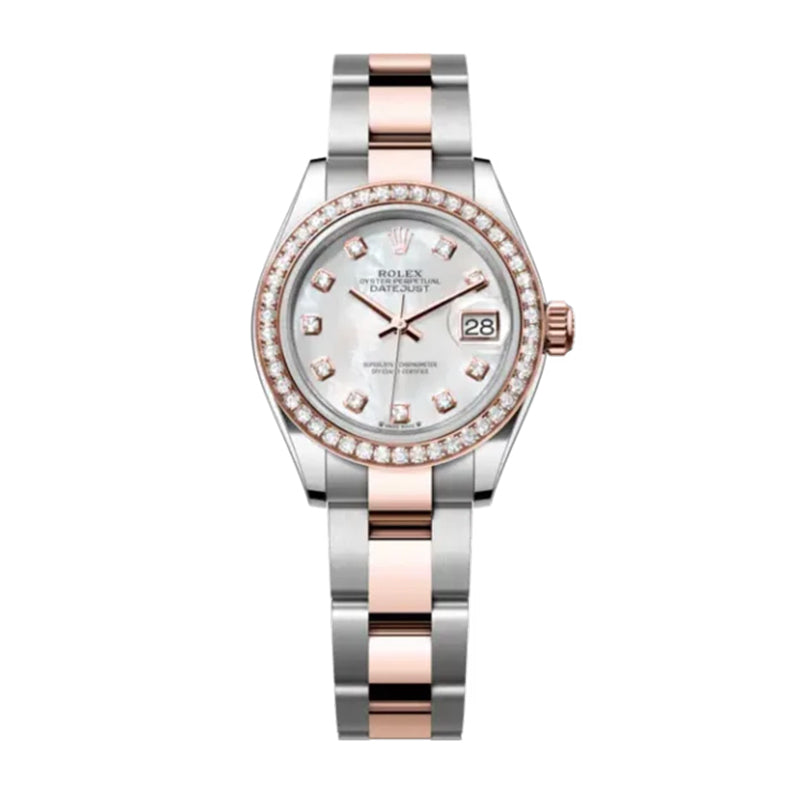 The Oyster Perpetual Lady-Datejust in Everose gold and Oystersteel features a diamond-set white mother-of-pearl dial