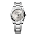 Oyster Perpetual Datejust 36 is available in Oyster steel with a silver dial and an Oyster bracelet