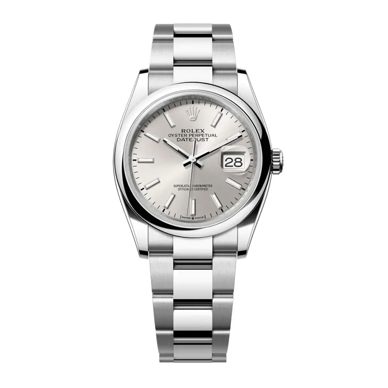 Oyster Perpetual Datejust 36 is available in Oyster steel with a silver dial and an Oyster bracelet